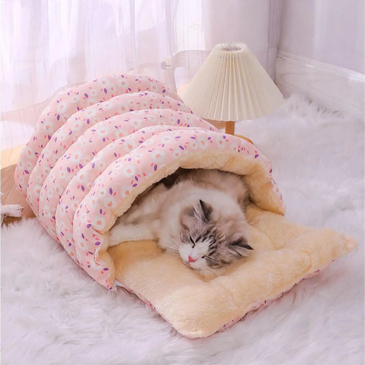 Pet Enclosed Nest Winter Warm Fully Enclosed Cat Sleeping Bag Washable Fluffy Cats Calming Cave Tent for Small Dogs