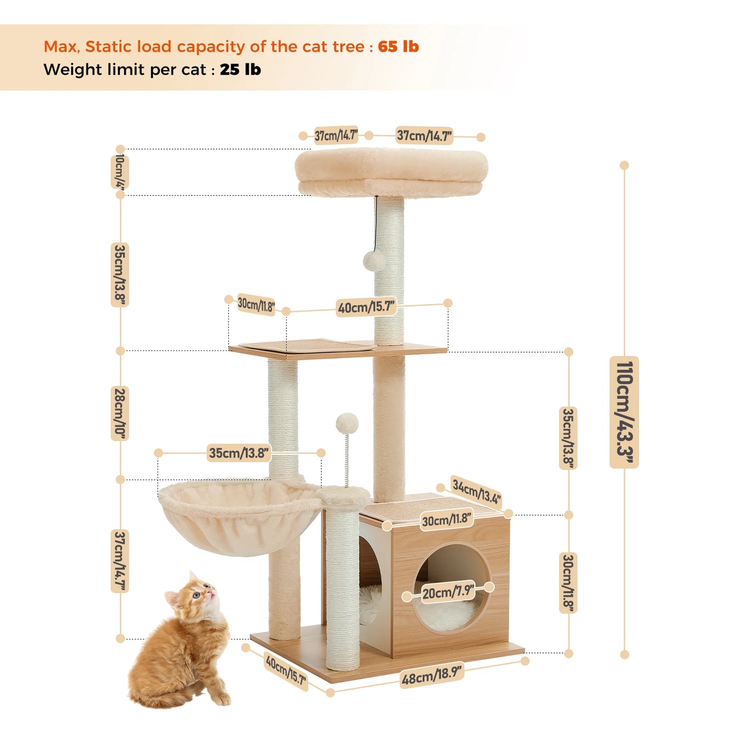 Modern Cat Tree for Indoor Cats Multi-Level Wood Cat Tower with Cozy Condo Hammock Sisal Scratching Posts Kitten House Cat Toys