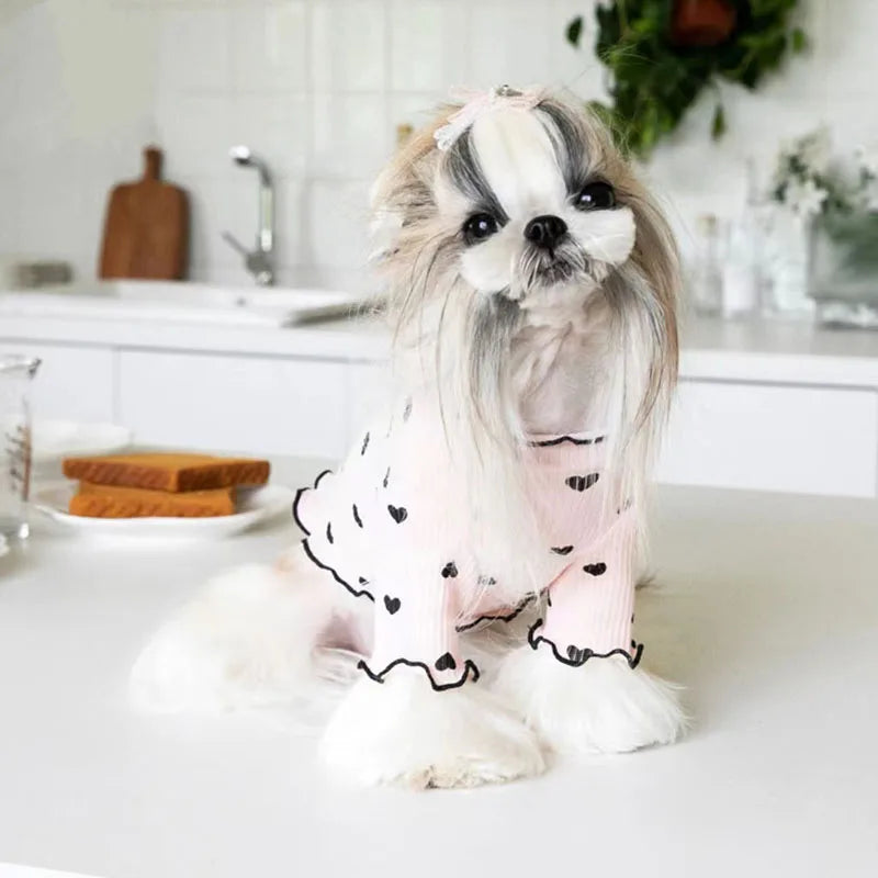 Autumn Winter Pet Undercoat Dog Clothes Cute Heart Print Waffle Home Vest Dog Cat Yorkshire Schnauzer Maltese New Year Christmas