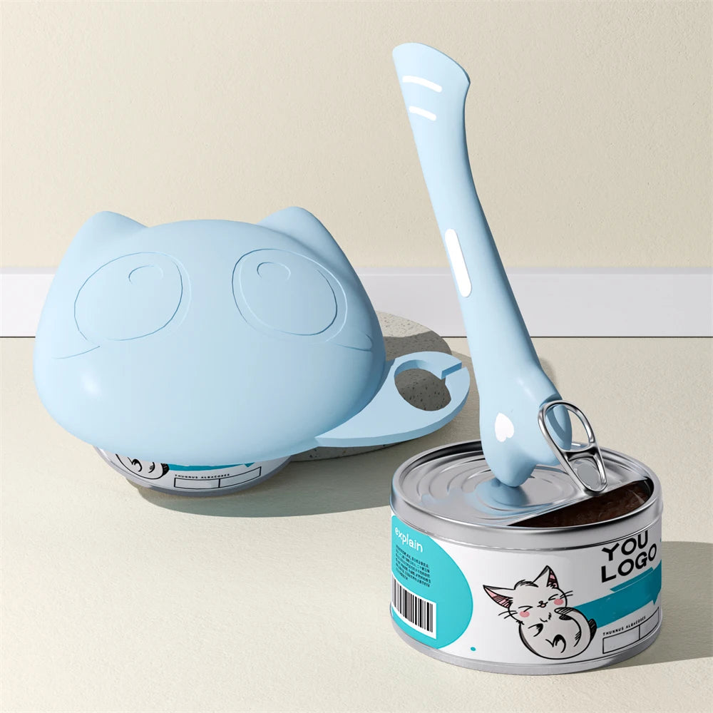 Silicone Cat Food Can Lid and Spoon Set, Multifunctional Pet Wet Food Feeding Scoop with Can Opener, Sealed Pet Food Storage